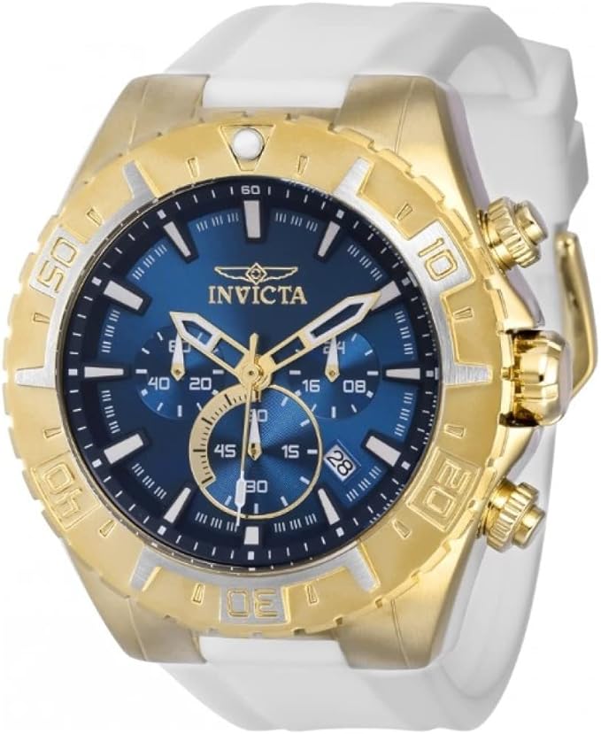 invicta 37800 飞行员蓝/金色计时日期指示表盘白色硅胶表带男式手表