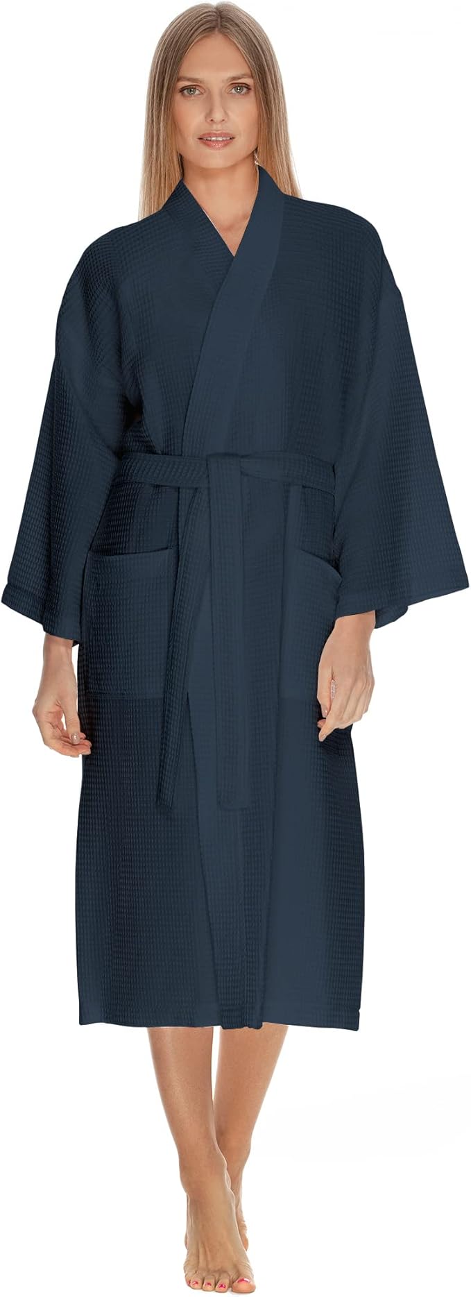 boca terry 女式华夫格长袍,华夫格针织长袍,长款棉质和服酒店浴袍