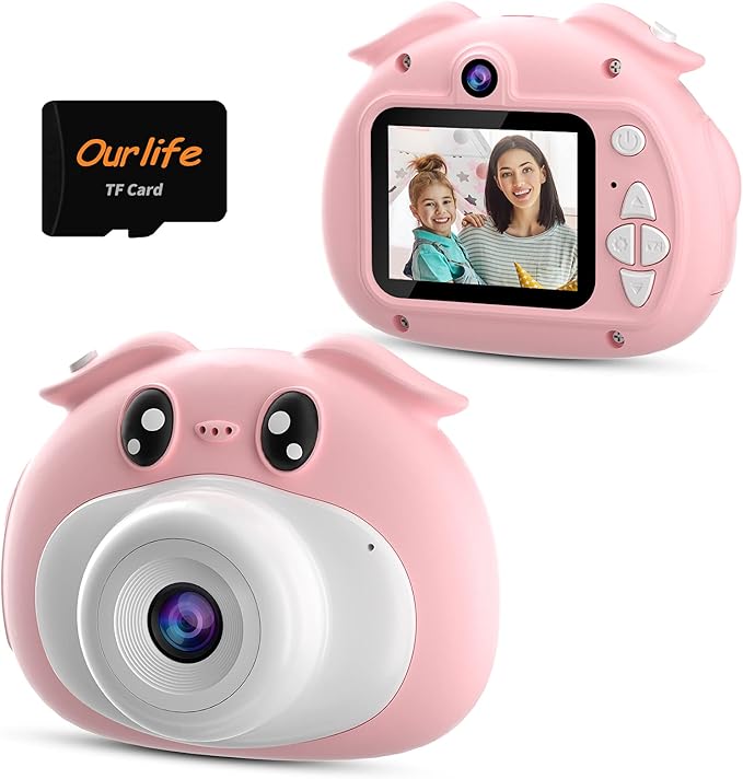 ourlife 儿童相机生日,1080p 高清数码视频自拍相机幼儿玩具,双镜头多