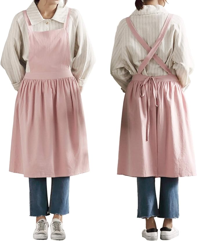 女士女孩复古围裙园艺作品交叉后背围裙, 粉色(无口袋), 33"x