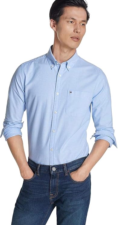 tommy hilfiger 男式长袖纯色牛津纽扣衬衫,定制款 basic blue with p