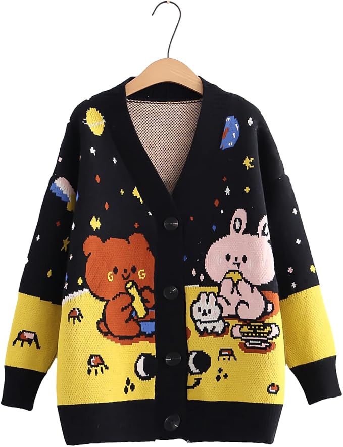 gk-o harajuku kawaii 卡通 v 领开衫女士可爱熊兔子针织毛衣女性时尚