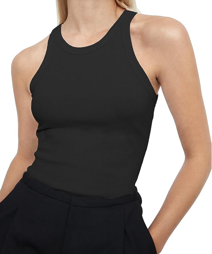 artfish 女式无袖全长棉质罗纹修身工字背心圆领高领基本款背心