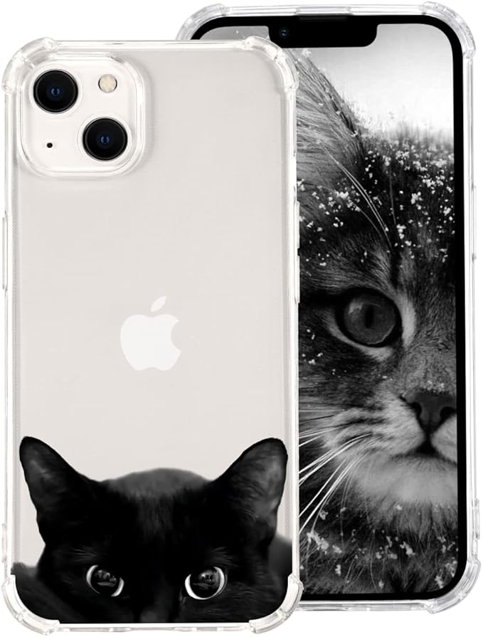Qishang Iphone 13 Pro 手机壳 透明可爱黑猫图案防震防刮柔软tpu 和硬背pc 保护套薄卡哇伊动物保护套 适用于iphone 13 Pro