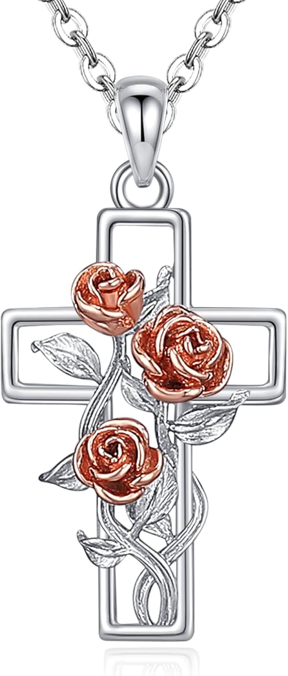 女式十字架项链 925 纯银玫瑰/向日葵/百合/雏菊/蜜蜂/蝴蝶/心形/鸽子