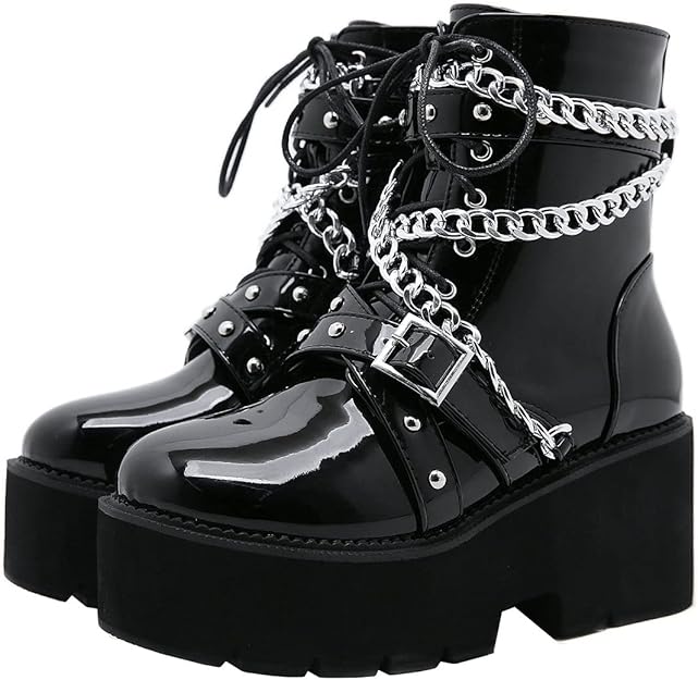 caradise 女式 哥特防水台战斗朋克靴粗跟系带及踝靴