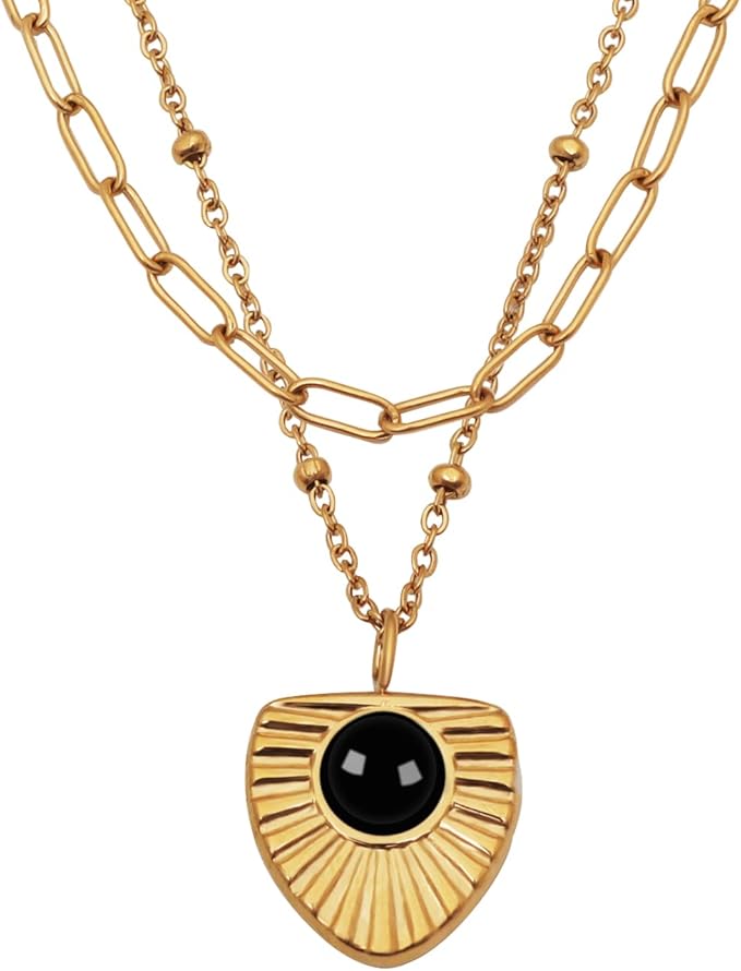 女士分层链项链 14k 镀金回形针颈链简约经典蛇形心形吊坠项链