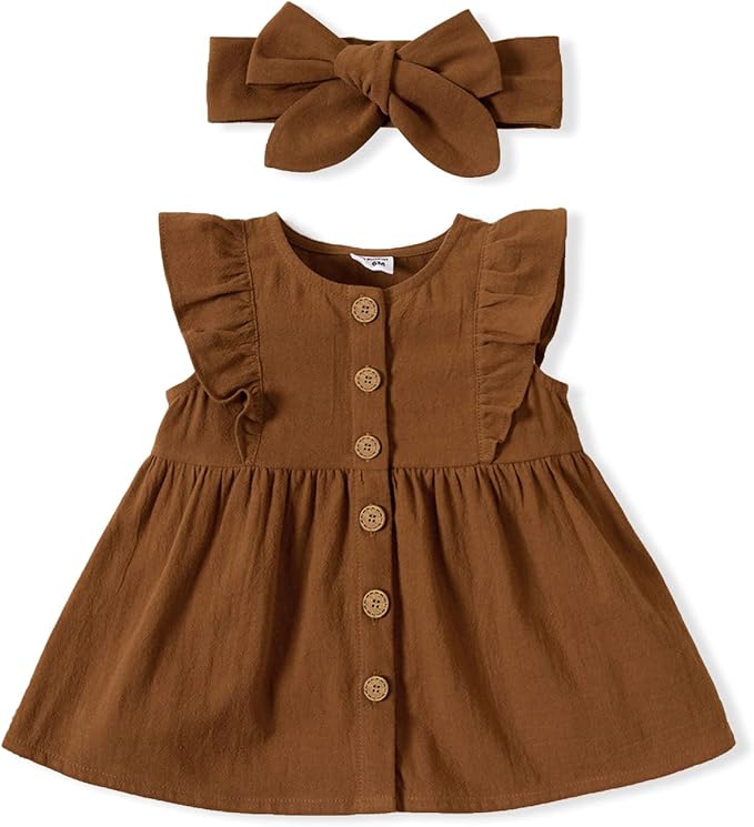 patpat 女婴连衣裙新生儿夏季衣服花卉印花褶皱袖纽扣连衣裙带头带