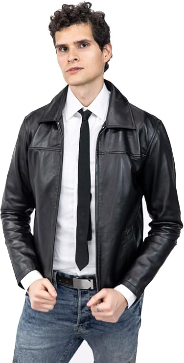 男式 real biker 皮夹克衬衫领经典黑色摩托车羊皮外套