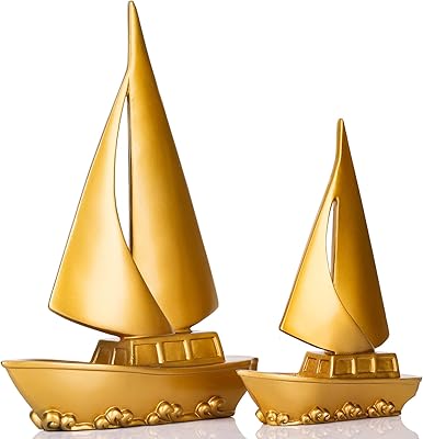 帆船桌装饰,2 件金色帆船雕塑,现代雕塑家居装饰,金色帆船装饰装饰品