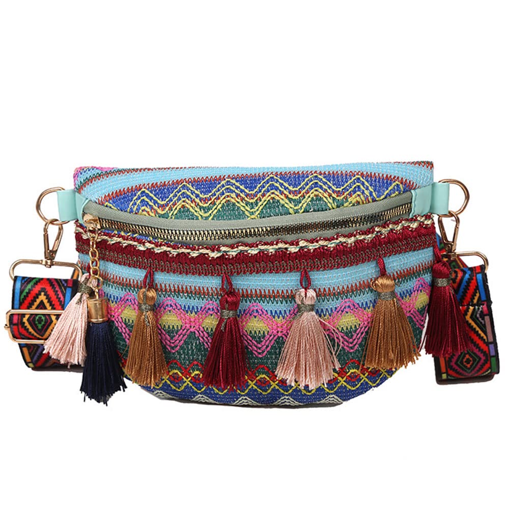 NONGFUGE Fashion Cute Ladies Boho Fanny pack crossbody Shoulder purse Embroidery Boho waist Breast bag with fringe Ladies, robin Blue, medium
