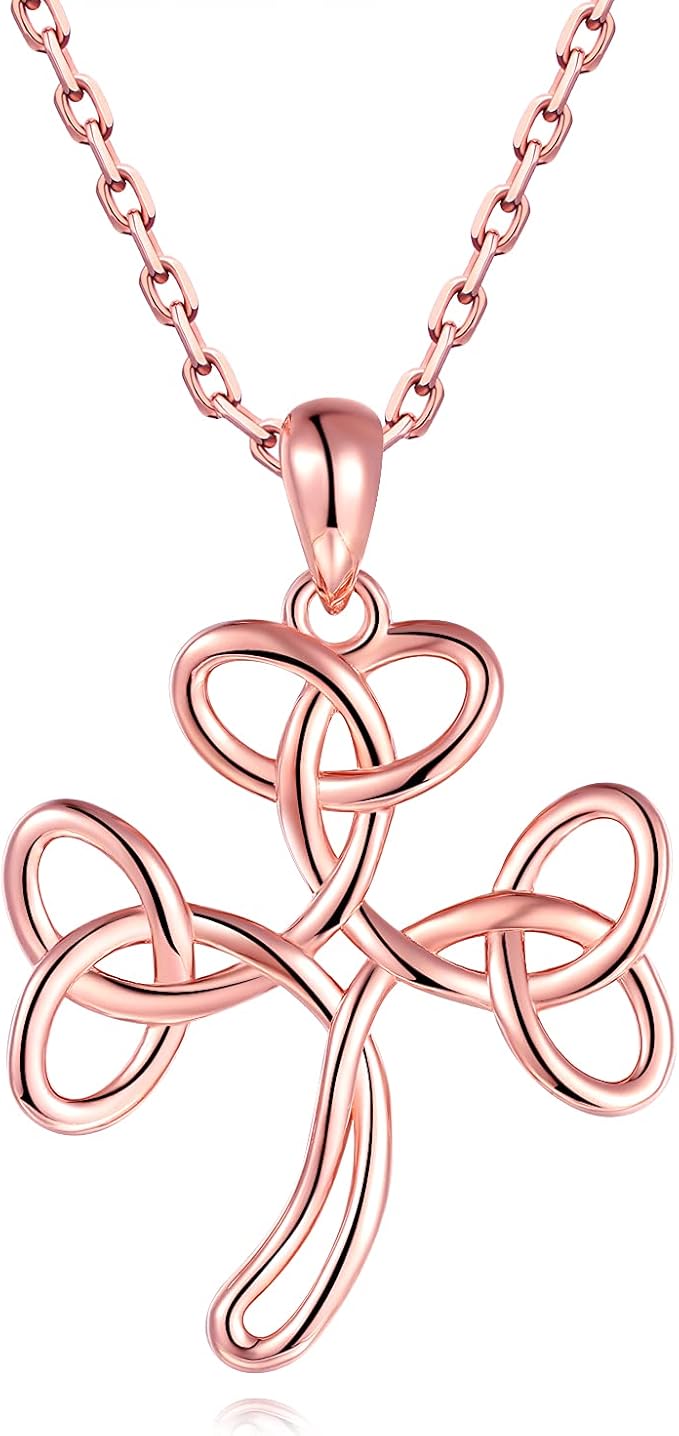 925 银镀玫瑰金爱尔兰三叶吊坠项链三位一体心形三叶草凯尔特人首饰