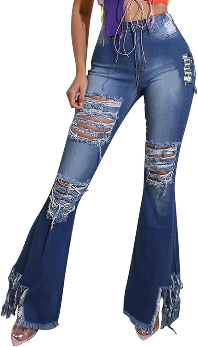 lapa 女式喇叭牛仔裤做旧破洞喇叭牛仔裤毛边裤