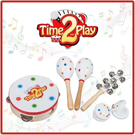 Time2play 木质乐器套装适用于婴儿 儿童及学步儿童 包括2 个马卡斯 1 个铃鼓 2 个城堡 1 个手铃铛 制作美妙家庭乐队的完美音乐套件