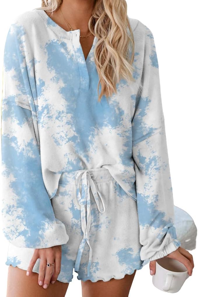 chongmu女式2件套扎染印花睡衣套装长袖上衣和短裤休闲圆领家居服系带