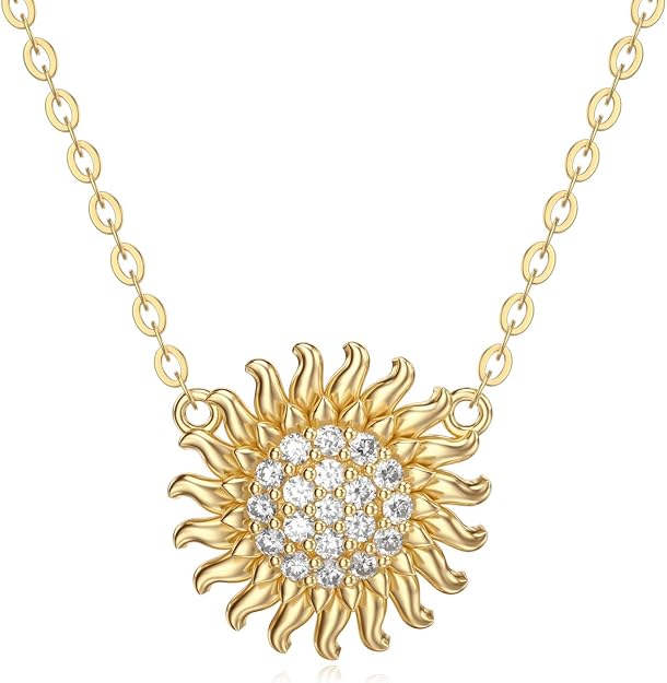 motiel 向日葵项链 14k 黄金花朵吊坠项链 莫桑石珠宝火焰项链