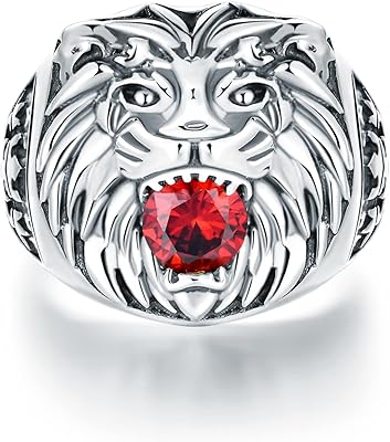 pytali 狮子头戒指男士纯银红宝石戒指复古哥特式骑行者咆哮的狮子头