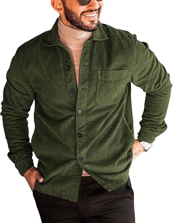 gafeng 男士灯芯绒衬衫夹克长袖系扣休闲羊毛秋冬外套带口袋