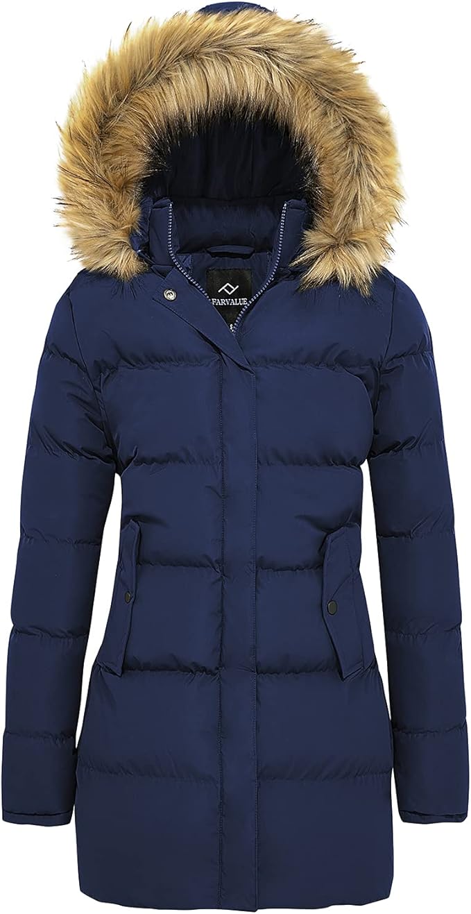 farvalue 女式冬季外套加厚羽绒服保暖夹克,带可拆卸毛皮兜帽