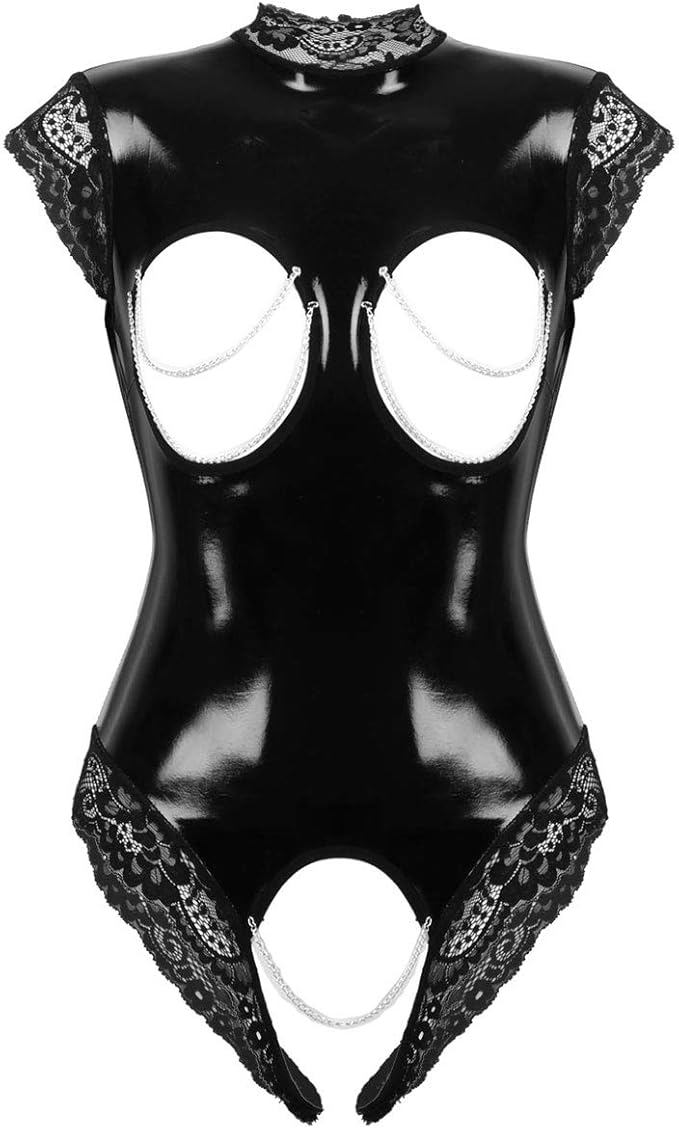 qinciao 女式挂脖 pvc 皮革连体衣镂空丁字裤紧身泰迪熊