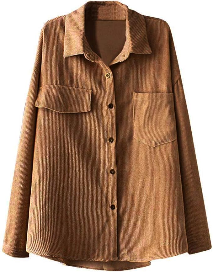 ladyful 女式灯芯绒衬衫外套翻领纽扣长袖上衣