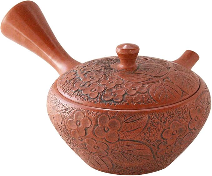 yamakiikai 茶壶 玉光作 朱泥 小平形 紫丁香花雕刻134