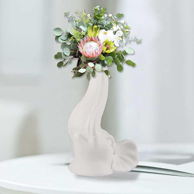 大象鼻子花瓶白色陶瓷花瓶现代装饰适用于桌子,架子,客厅,办公室,卧室