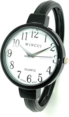 女士大数字紧身金属手镯袖口时尚手表白色表盘 wincci