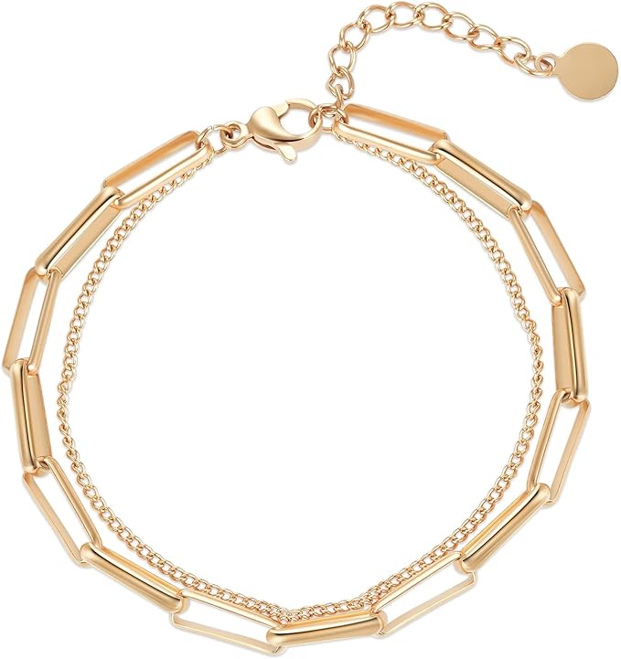 女式精致金色分层手链,14k 镀金回形针链手链女孩优雅可爱小链手链