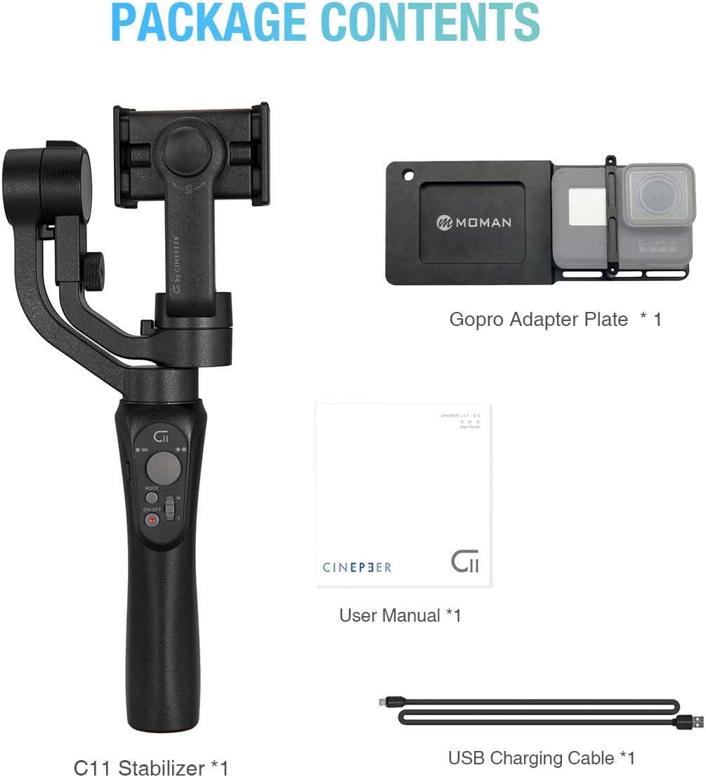 Zhi Yun Cinepeer C11 3 轴万向节稳定器适用于智能手机和gopro 由zhiyun 供电 Gimbal Phone 稳定器适用于iphone Android 视频录制带gopro 适配器板 Dolly Zoom Timelapse Panorama 价格