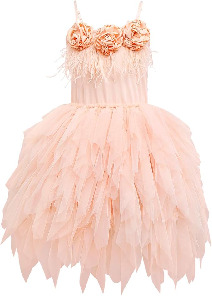 swan princess 羽毛流苏分层芭蕾舞短裙薄纱花朵女孩礼服婚礼芭蕾舞