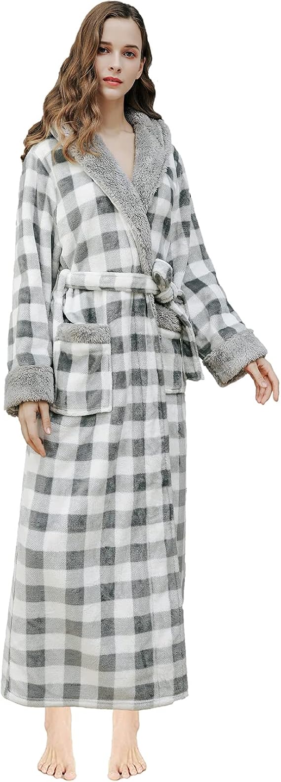 带兜帽的女士长袍保暖毛绒柔软长袍冬季浴袍