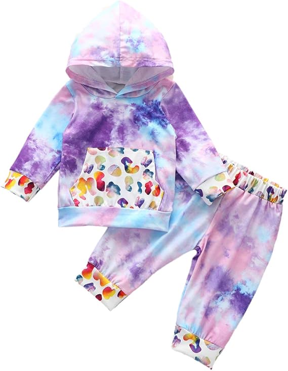 女婴服装长袖口袋扎染连帽运动衫上衣   弹性腰长裤 2 件套装