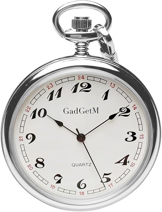 gadgetm 男式银色开放式石英怀表 白色表盘阿拉伯数字配配套锁链.