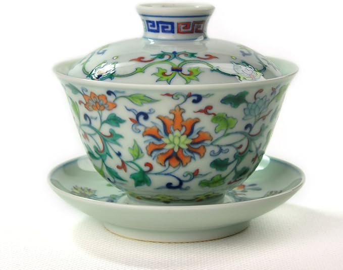 长物居 珍品!手绘斗彩缠枝莲纹盖碗景德镇仿古瓷茶具茶杯 (8.