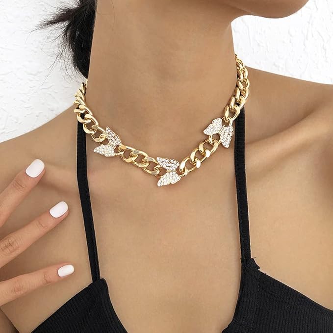 jumwrit 蝴蝶项链水钻颈链古巴链项链女士和女孩银链链项链粗项链