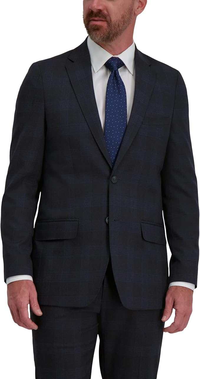 haggar 男式标志性格子剪裁合身双纽扣带盖口袋西装