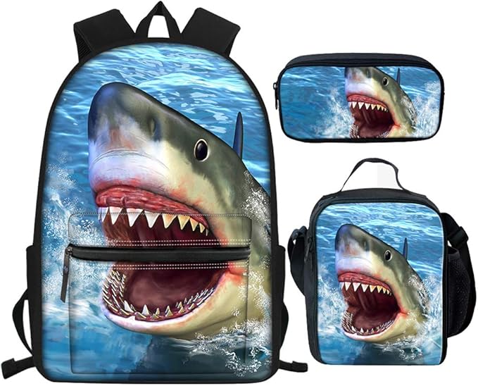 背包套装带午餐袋,铅笔盒时尚帆布笔记本电脑旅行包大学书包, 大白鲨