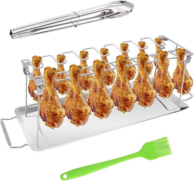 带滴盘,厨房钳和硅胶烤刷, 烧烤鸡鼓棒架,适用于烟熏烧烤或烤箱