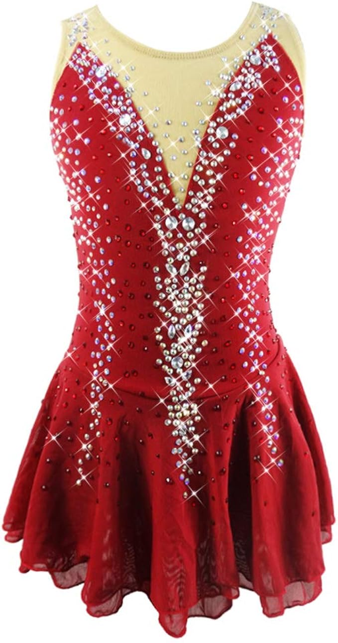 溜冰裙成人女孩红色无袖比赛紧身连衣裤比赛服装