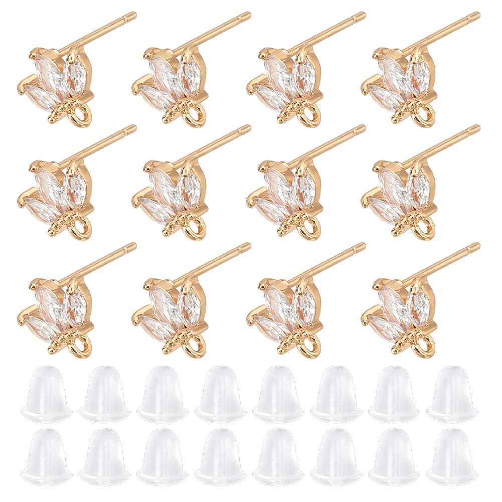 DICOSMETIC 12 brass zirconia stud flowers with 1 mm earring fitting 18 carat gold plated diamond stud and 30 plastic stud for jewelry making, hole :1 mm
