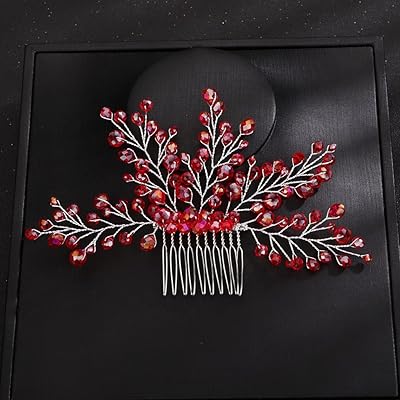 teyglen 婚礼发梳新娘银红色水钻水晶侧发梳简约红珠头饰女士女孩