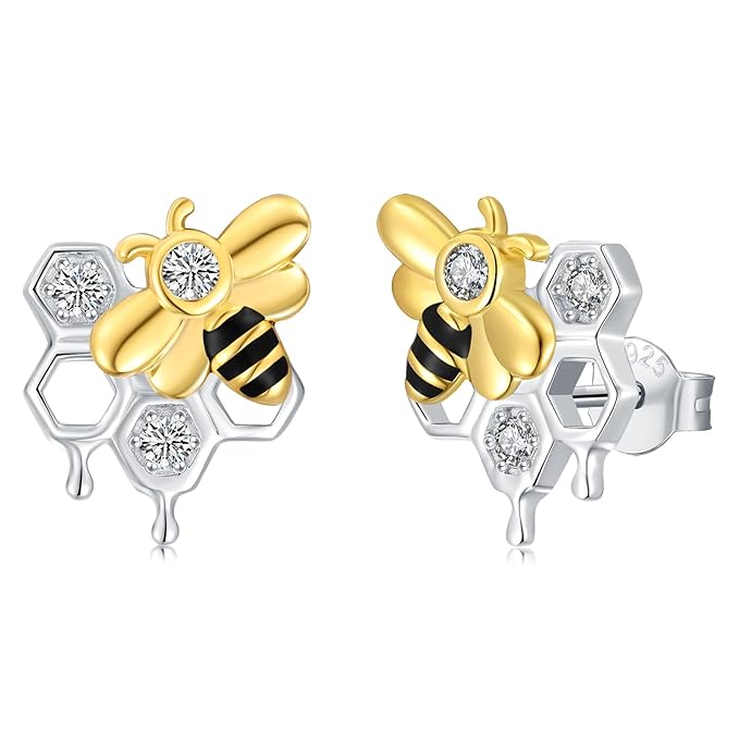 女式银蜜蜂蜂蜂窝耳环 - 925 纯银黄金蜂窝大黄蜂首饰,可爱蜂蜜蜜蜂和