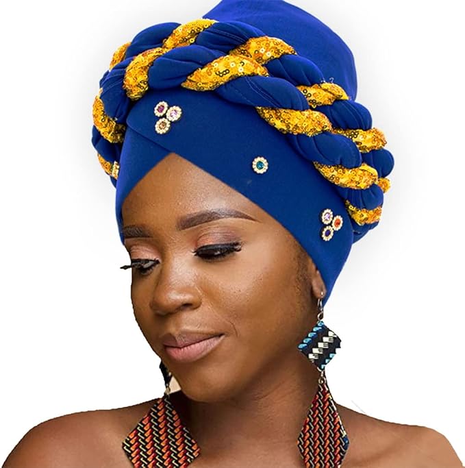 亮片非洲头巾蓝色水晶头巾编织头套包裹预绑女式头饰, robin 蓝, l-xl