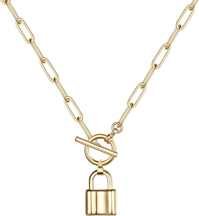 女士金色链项链,14k 镀金精致回形链古巴链项链锁吊坠咖啡豆绳链金色