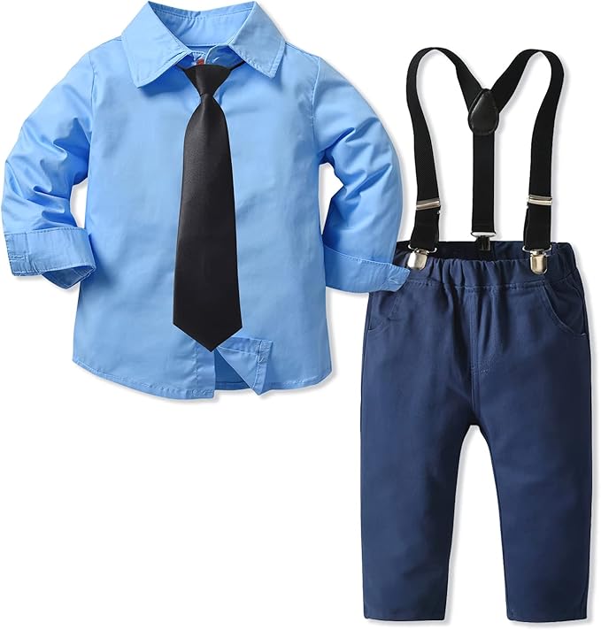 男孩服装套装 4 件衬衫 领结 背带裤套装婴儿绅士服装套装 【yilaku】