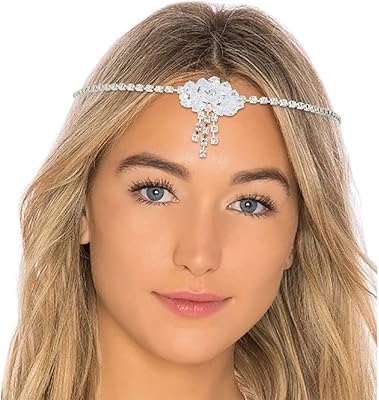 flatser 水钻婚礼头链银色流苏头饰链服装派对发饰 适合女士和女孩