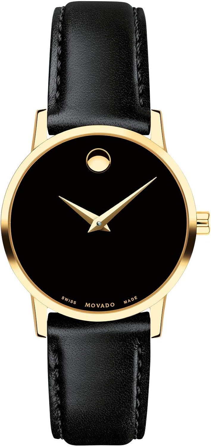 movado 瑞士博物馆经典黑色表盘女式金色 pvd 超薄皮革手表