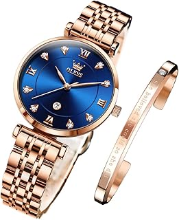 olevs 女士手表玫瑰金时尚优雅礼服钻石模拟石英女士手表不锈钢日期