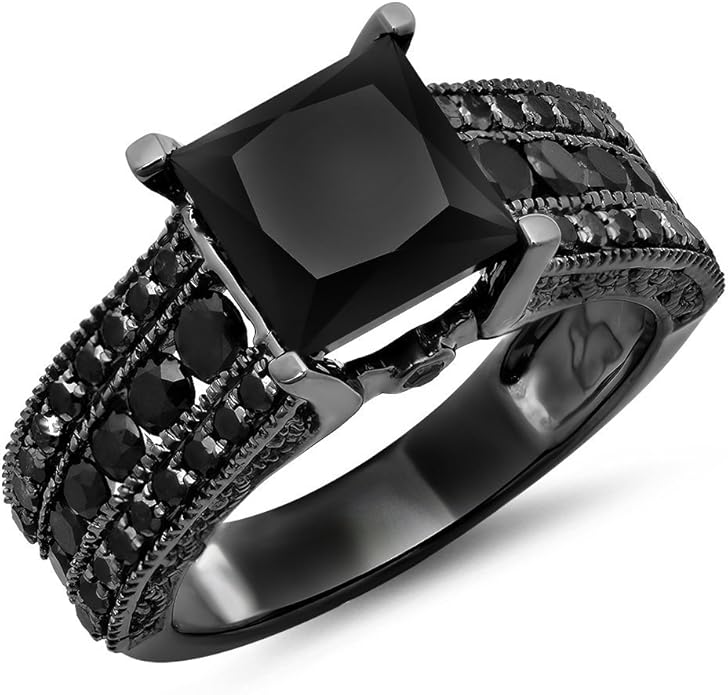 00 克拉 (ctw) 黑色镀铑 14k 公主圆形黑钻订婚戒指 5 克拉,白金